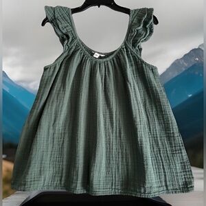 Blouse Sonoma Forrest Green Ruffle sleeve Tank Top Women Large 100% Cotton Gauze